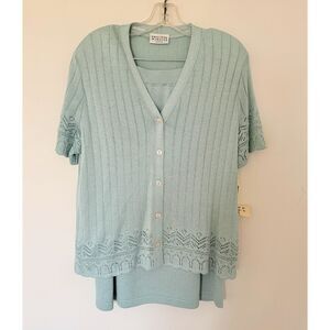 NWT Philippe Marques Petites Aqua Knit Cardigan Skirt Set Rhinestone Midi 12/14P